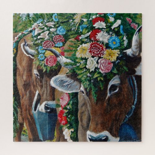 Brown Swiss milk cow with flowersOktoberfest Jigsaw Puzzle