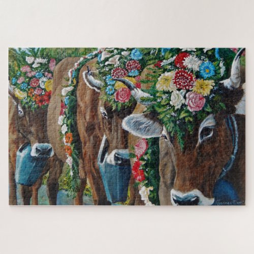 Brown Swiss milk cow with flowersOktoberfest Jigsaw Puzzle