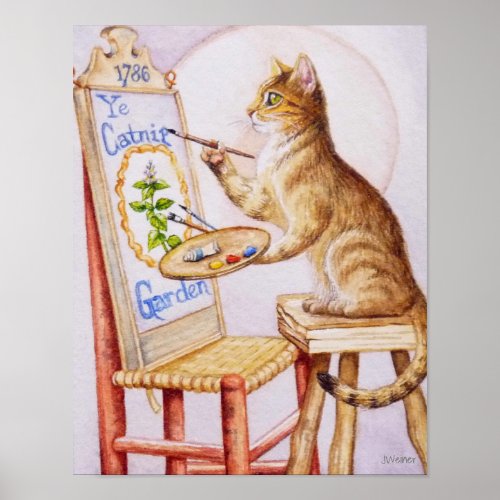 Brown Tabby Artist Cat Painting Watercolor 11x14 Poster