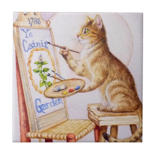 Brown Tabby Artist Cat Painting Watercolor Art Ceramic Tile