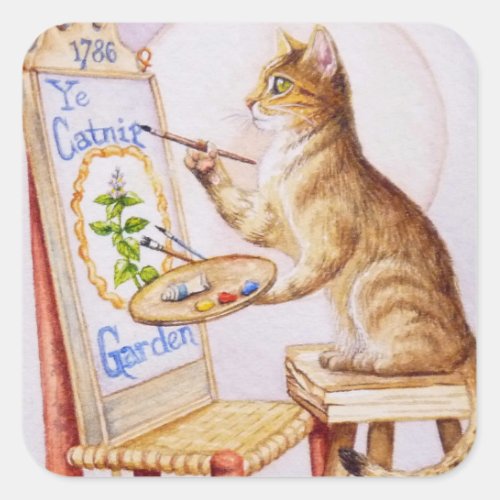 Brown Tabby Artist Cat Painting Watercolor Art Square Sticker