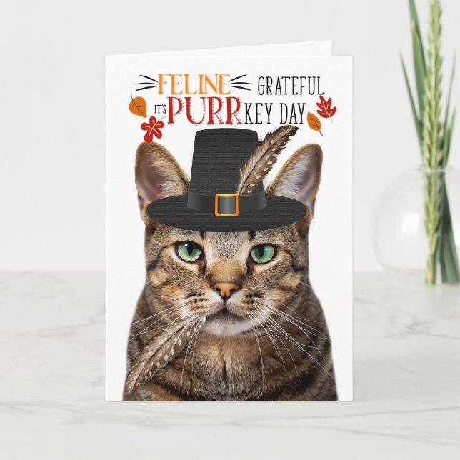 Brown Tabby Cat Feline Grateful for PURRkey Day Holiday Card (Front)