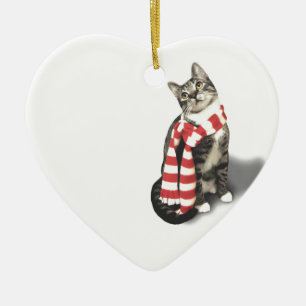 Brown Tabby Cat in a Red and White scarf Ceramic Ornament