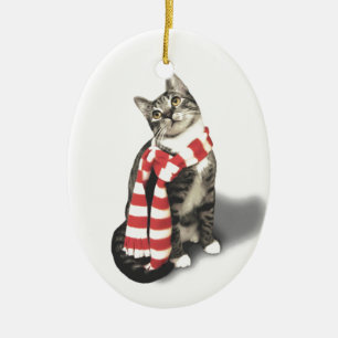 Brown Tabby Cat in a Red and White scarf Ceramic Ornament