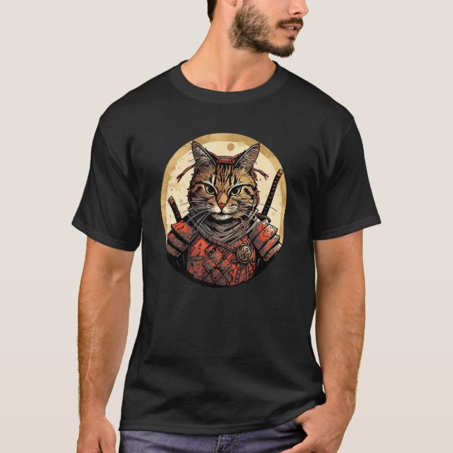 Brown Tabby Cat Samurai Funny Pet Warrior T-Shirt (Front)