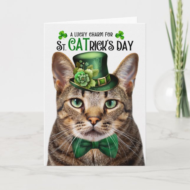 Brown Tabby Cat St CATrick's Day Lucky Charm Holiday Card (Front)