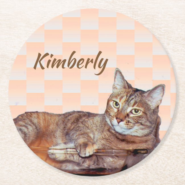 Brown Tabby Cat with Orange Pattern Paper Coasters
