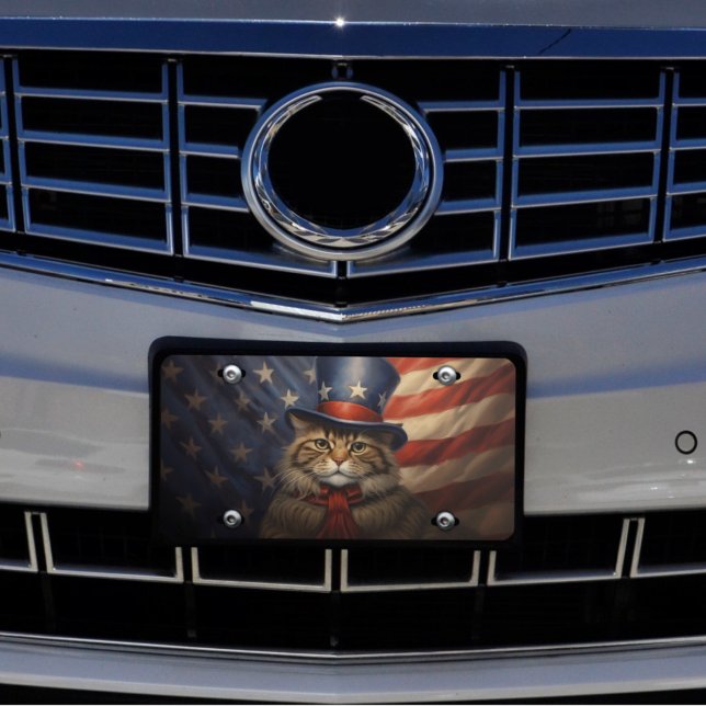 Brown Tabby Cat with Patriotic Top Hat & USA Flag License Plate (Creator Uploaded)