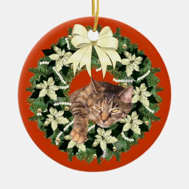 Brown tabby Christmas Ceramic Ornament (Front)