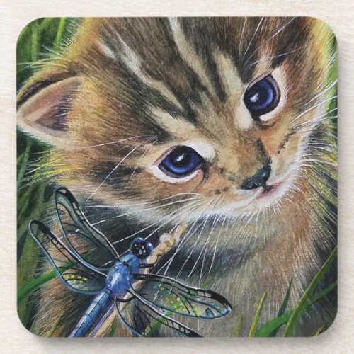 Brown Tabby Kitten  Dragonfly Watercolor Art Beverage Coaster