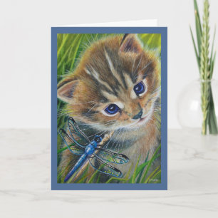 Brown Tabby Kitten & Dragonfly Watercolor Art Card