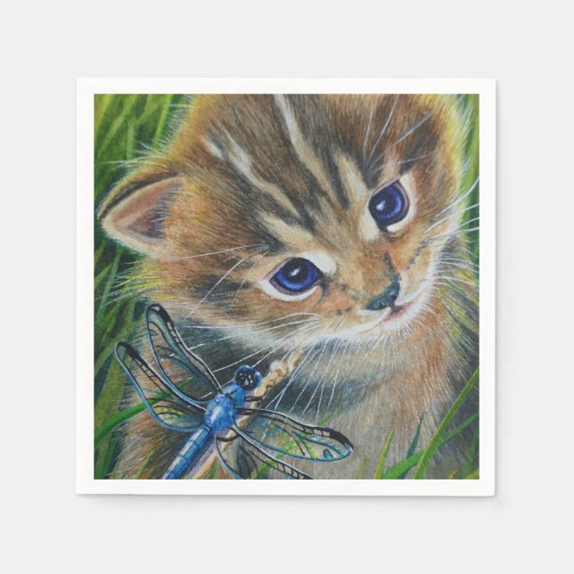 Brown Tabby Kitten & Dragonfly Watercolor Art Napkins (Front)