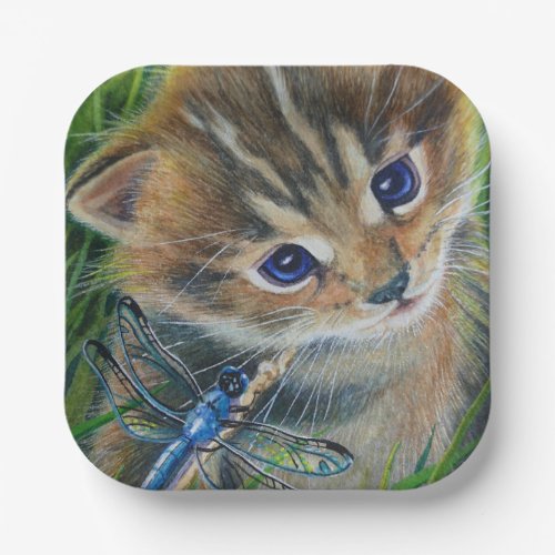 Brown Tabby Kitten  Dragonfly Watercolor Art Paper Plates