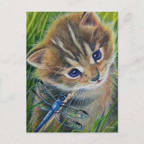 Brown Tabby Kitten  Dragonfly Watercolor Art Postcard