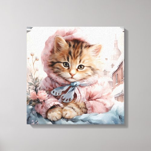 Brown Tabby Kitten Dressed In Pink  In A Window Canvas Print