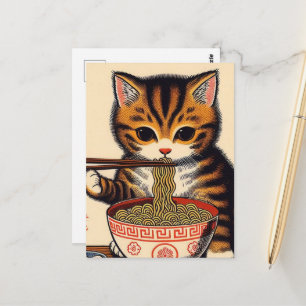 Brown Tabby Kitten Eating Ramen Woodblock Print Postcard