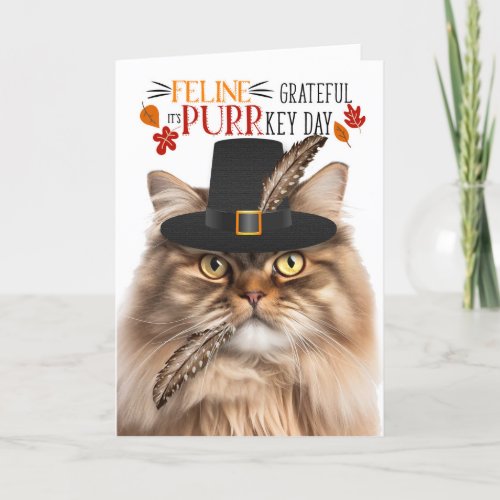 Brown Tabby Persian Cat Grateful for PURRkey Day Holiday Card