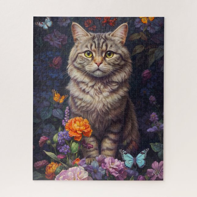 Brown Tabby with Flowers and Victorian Style Jigsaw Puzzle (Vertical)
