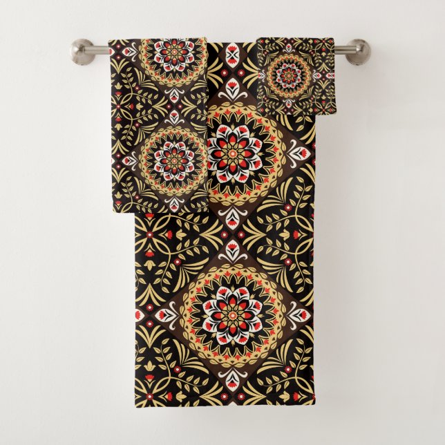 Brown Tan and Rust Folk Art Floral Bath Towel Set (Insitu)