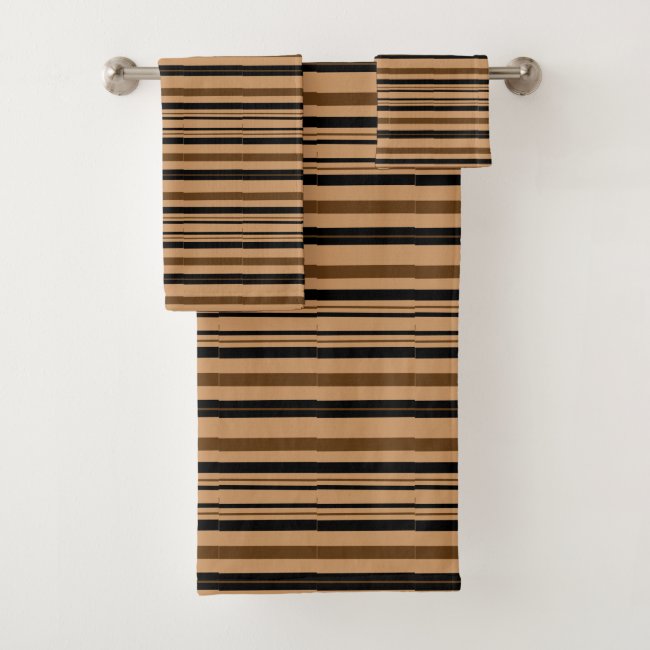Brown Tan Beige Black Stripes Bath Towel Set