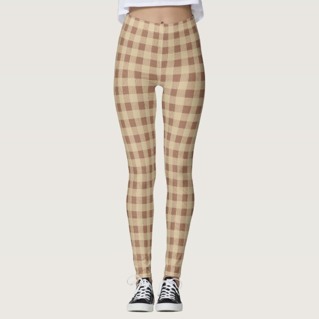 Brown Tan Beige Buffalo Plaid Checked Trendy Leggings (Front)