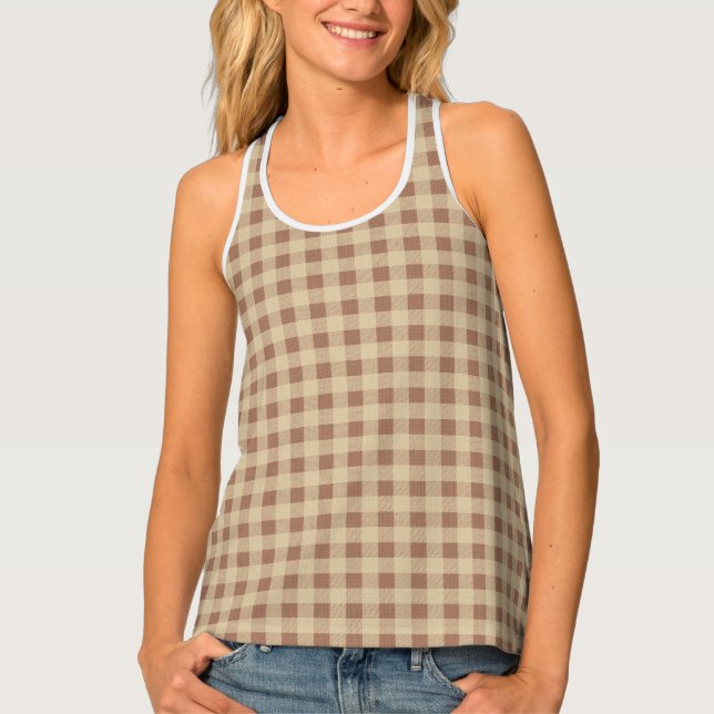 Brown Tan Beige Buffalo Plaid Checked Trendy  Tank Top (Front)