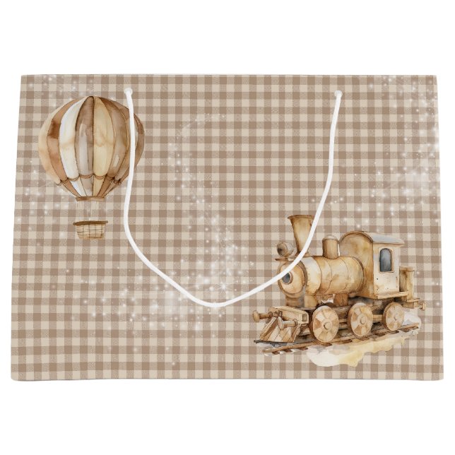 BROWN TAN BOHO BABY TOY TRAIN & BALLOON LARGE GIFT BAG (Front)
