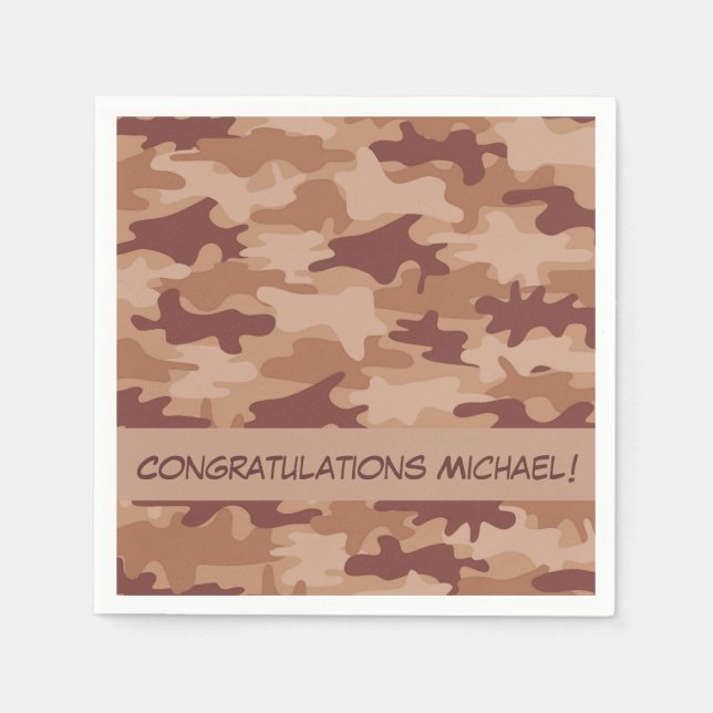 Brown Tan Camo Camouflage Congratulations Name Napkins (Front)