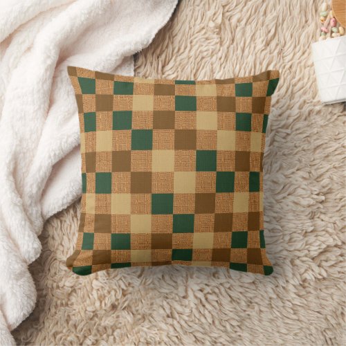 Brown Tan Cream  Green Square Checked Throw Pillow