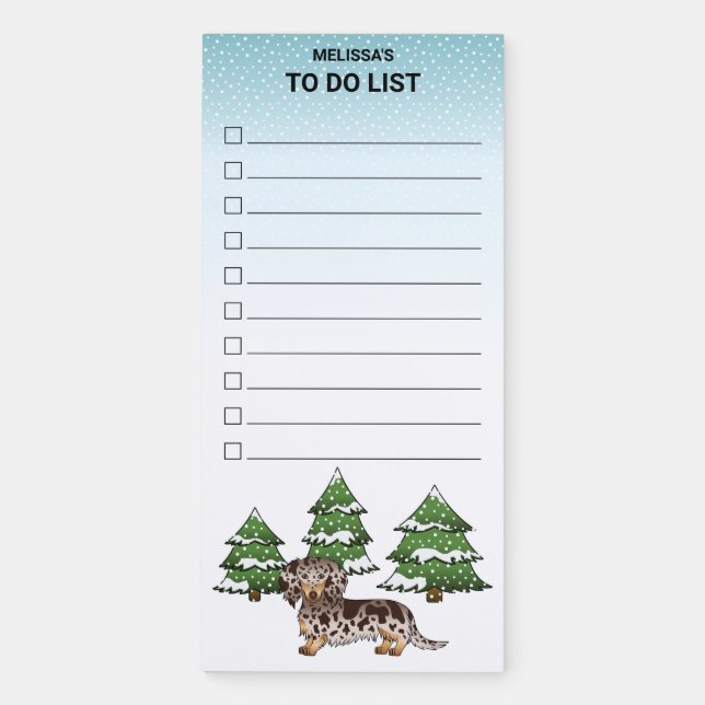 Brown & Tan Dapple Long Hair Dachshund In Winter Magnetic Notepad (Front)