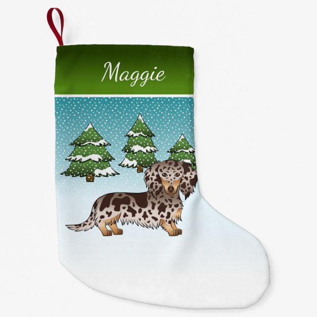 Brown & Tan Dapple Long Hair Dachshund In Winter Small Christmas Stocking (Front)