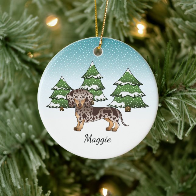 Brown & Tan Dapple Short Hair Dachshund In Winter Ceramic Ornament (Tree)
