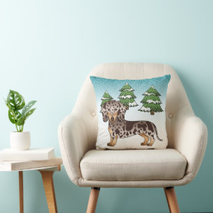 Brown & Tan Dapple Short Hair Dachshund In Winter Throw Pillow