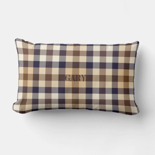 Brown Tan Dark Midnight Blue Checked Lumbar Pillow