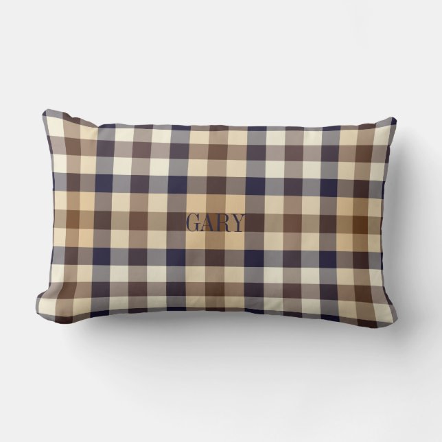 Brown Tan Dark Midnight Blue Checked Lumbar Pillow (Front)