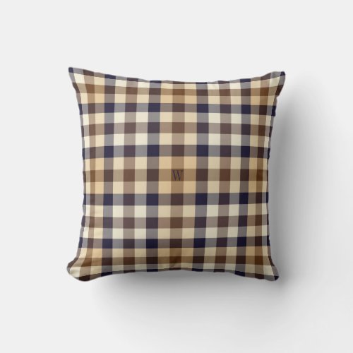 Brown Tan Dark Midnight Blue Checked Square Pillow