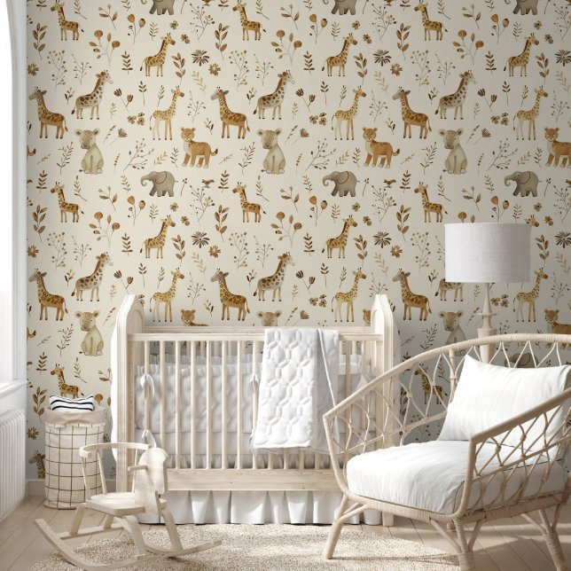 Brown Tan Jungle Animals Baby Nursery Wallpaper (Kids)