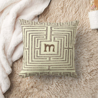 Brown Tan Monogram Tribal Greek Key Pattern Throw Pillow