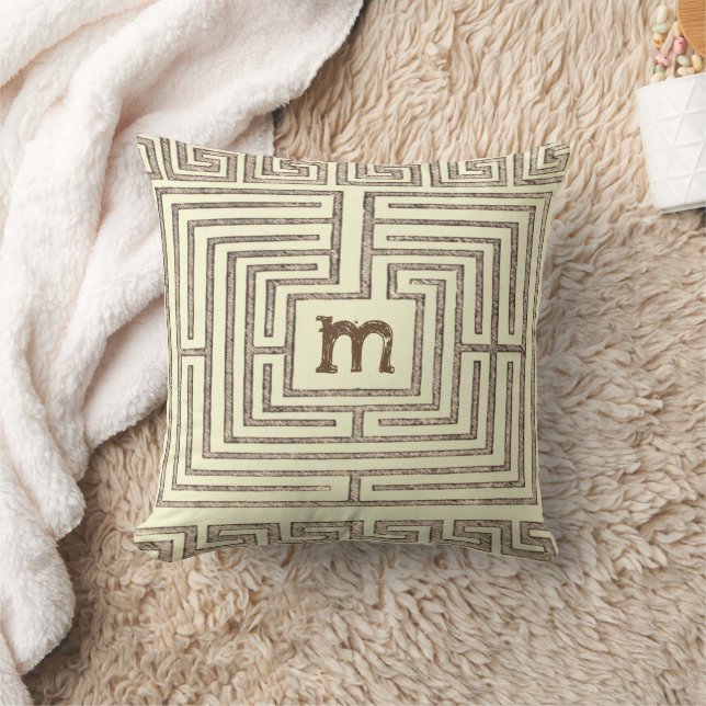 Brown Tan Monogram Tribal Greek Key Pattern Throw Pillow (Blanket)