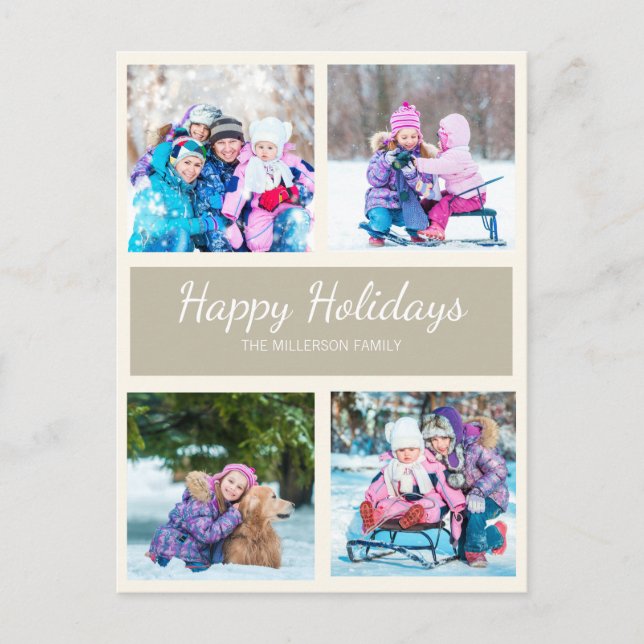 Brown Tan Multi Photo Christmas Holiday Greeting Postcard (Front)