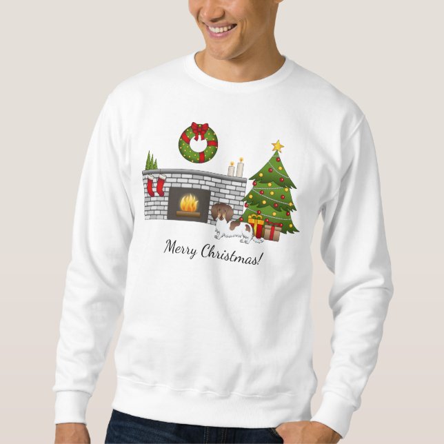 Brown & Tan Piebald Long Hair Dachshund X-mas Room Sweatshirt (Front)