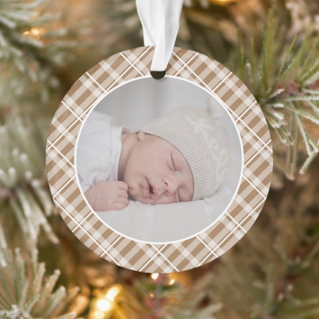 Brown Tan Plaid Tartan Photo Christmas Keepsake Ornament (Tree)