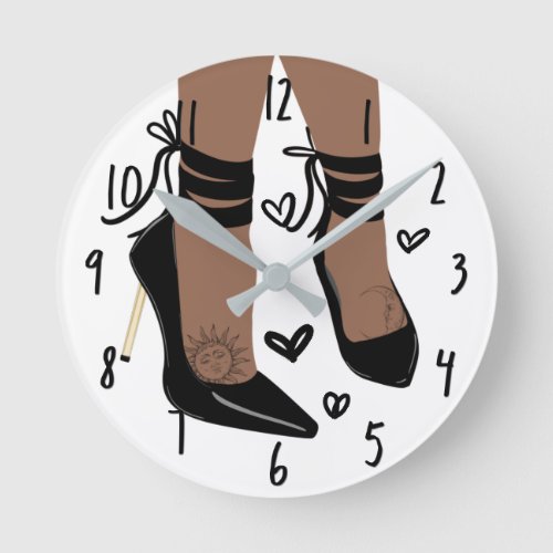 Brown Tan Skin Black Strappy High Heels Sun Moon Round Clock