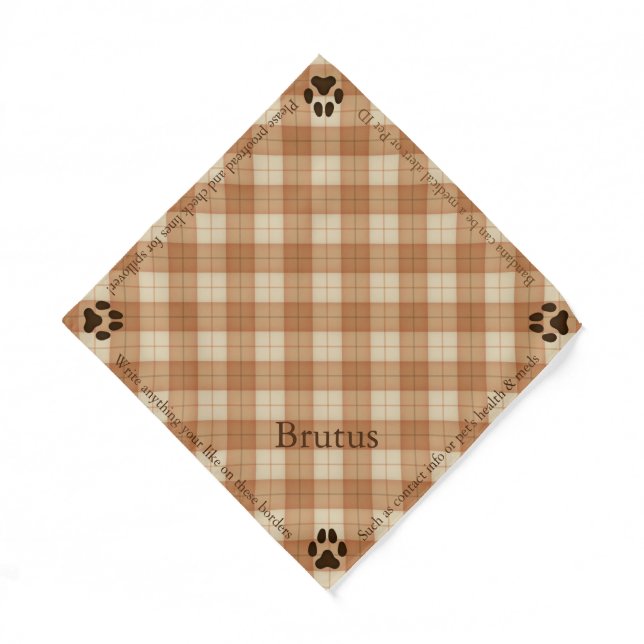 Brown Tartan Personalized Name & Message Pet ID Bandana (Front)