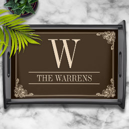 Brown|Taupe Corner Flourish Frame Custom Monogram Serving Tray