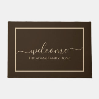 Brown Taupe Elegant Script Family Name Welcome Doormat