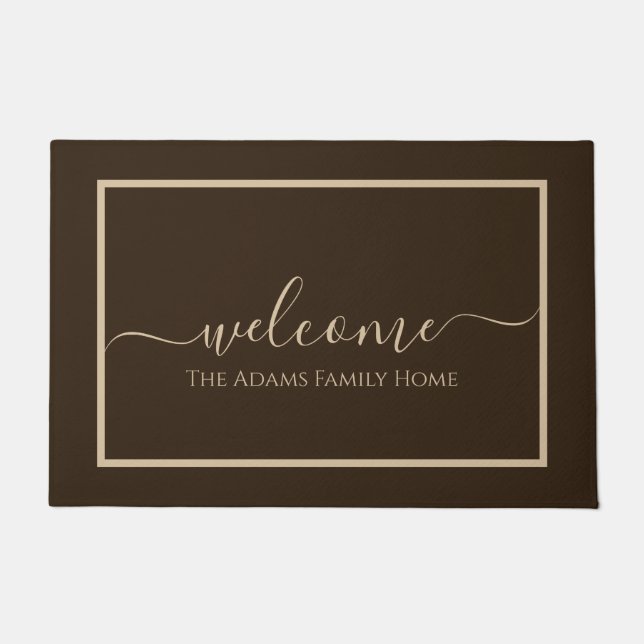 Brown Taupe Elegant Script Family Name Welcome Doormat (Front)