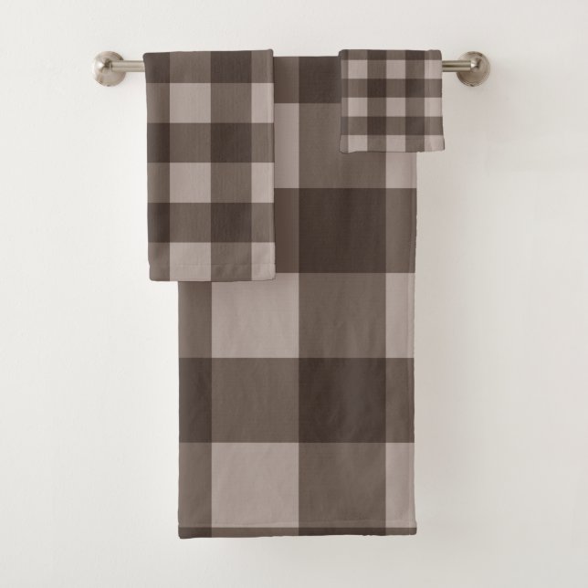 Brown Taupe Tan Rustic Checkered Squares Plaid Bath Towel Set (Insitu)