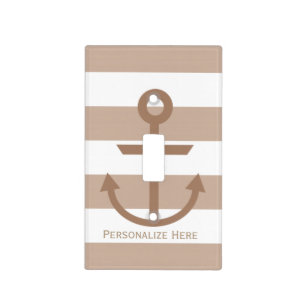 Brown Taupe & White Striped Anchor Light Switch Cover