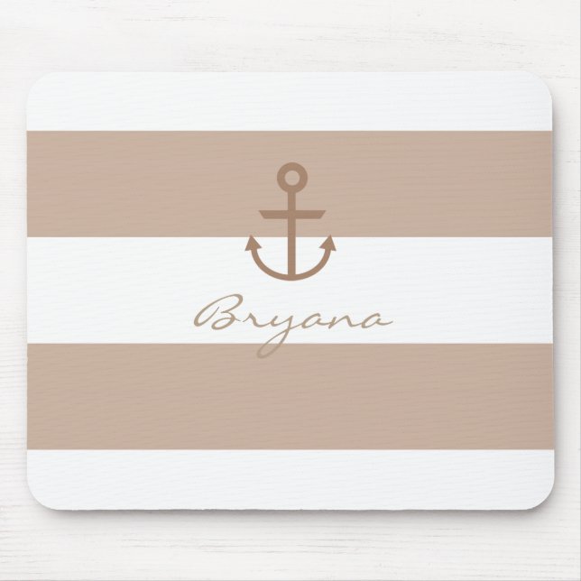 Brown Taupe & White Striped Anchor Mouse Pad (Front)